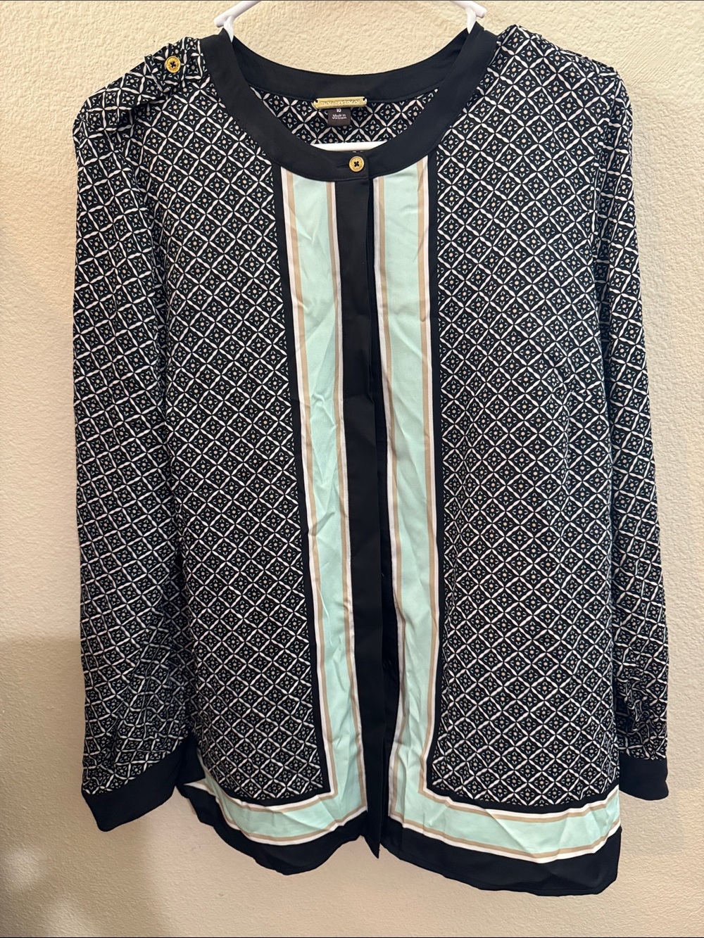 Dana Buchman Black, Mint & Cream Geometric Button-Front Blouse